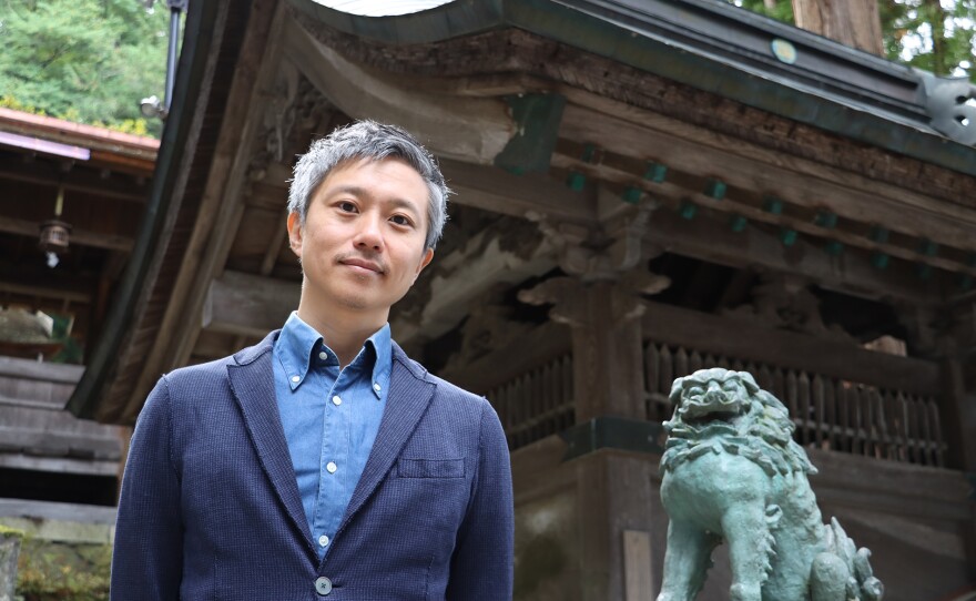 Kyoto Ko, an author of Japanese history and culture, at the Suwa Taisha Shinto shrine.
