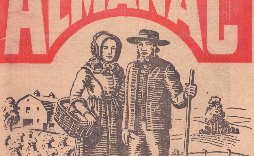 Cover of a 1943 Lancaster County almanac depicting an Amish farmer.