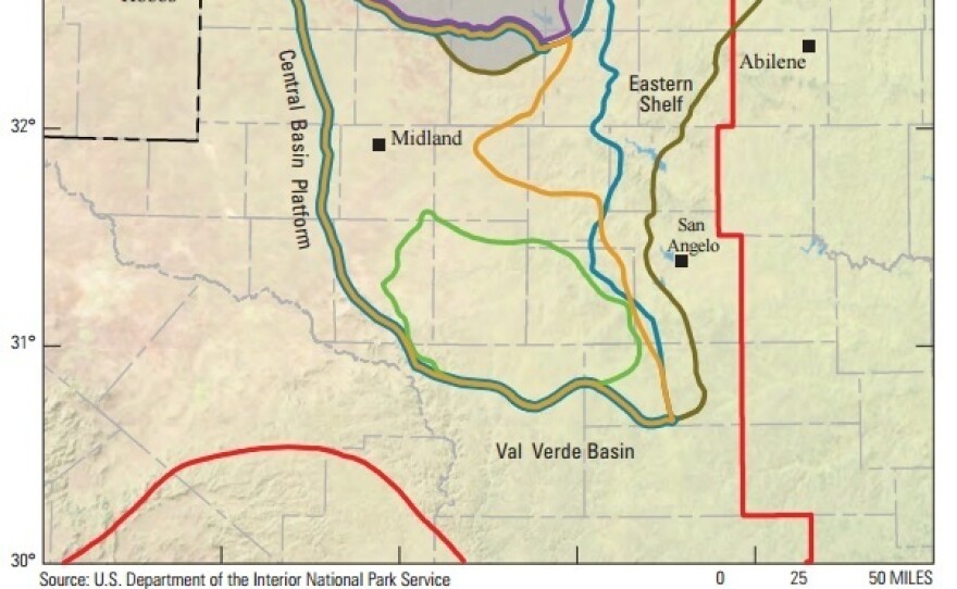 A map of the Wolfcamp shale formation. The red line denotes the boundary of the Permian Basin province; the rest of the thick colored lines denote areas of newly discovered petroleum, at varying depths.