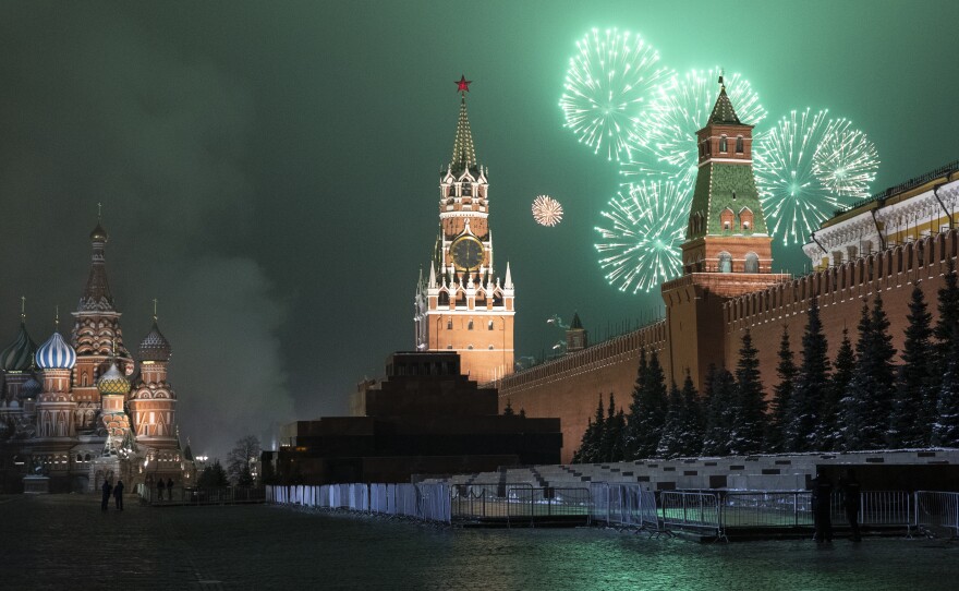 Fireworks explode over the Kremlin and Red Square during New Year's celebrations on Jan. 1 in Moscow. The U.S. government says a widespread computer incursion into U.S. government and private computer networks was likely carried out by Russia.