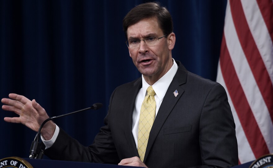 Defense Secretary Mark Esper, here at a Pentagon press conference in March, says he does not support invoking the 1807 Insurrection Act to deal with the current unrest in the nation.