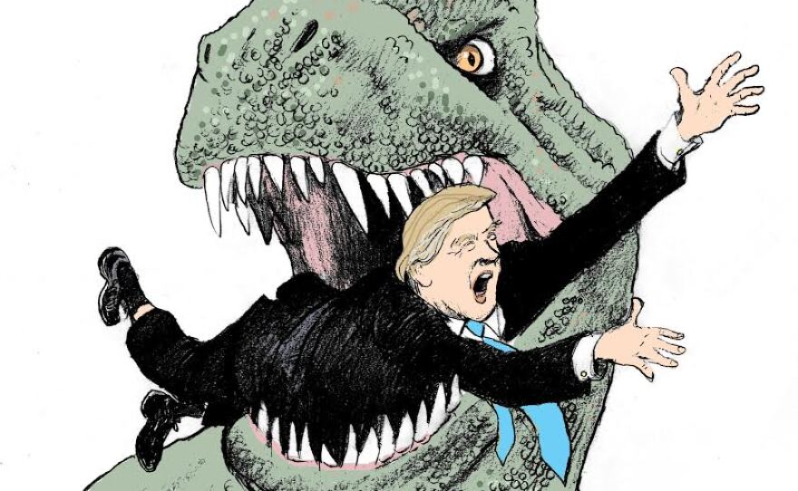 A tyrannosaurus Rex grinding it's teeth on Donald Trump, from Pulitzer Prize-winning editorial cartoonist Steve Breen's new book, "Unicorn Executions and Other Crazy Stuff My Kids Make Me Draw."