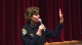 Police Chief Shelley Zimmerman told an audience at Cherokee Point Elementary School in City Heights she's committed to regaining the trust of the community at a March 26, 2014 town hall meeting.
