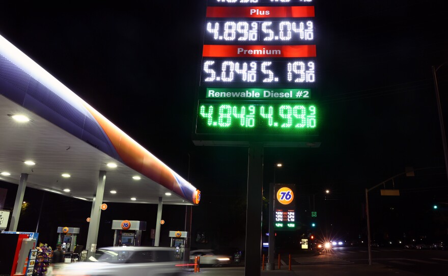 A gas station in Los Angeles on Feb. 8, when the average price for a gallon of gasoline hit a new record high in Los Angeles County for the fourth time in the past five days.