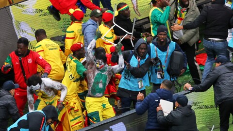Senegal supporters protest after a controversial penalty was awarded to Morocco during the Africa Cup of Nations final soccer match between Senegal and Morocco on Jan. 18, 2026, in Rabat, Morocco.