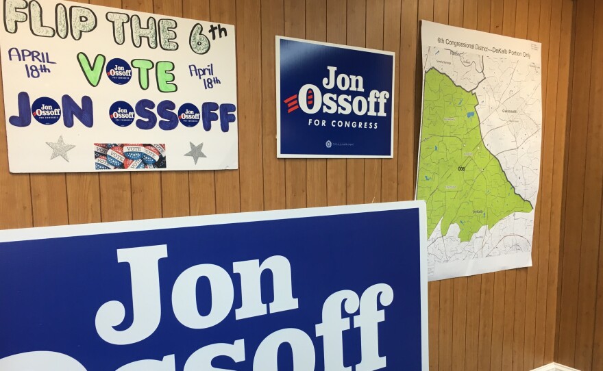 Campaign signs and map adorn the walls of Democratic congressional candidate Jon Ossoff's campaign office in Chamblee, Ga.