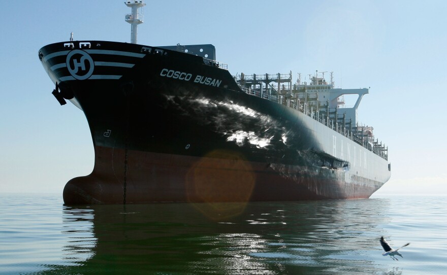 A 90-foot gash is seen on the side of the freighter ship Cosco Busan as it sits anchored in the San Francisco Bay on Nov. 13, 2007, in San Francisco.