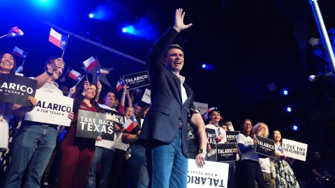 Texas Democratic Senate candidate Texas state Rep. James Talarico waves to the crowd before speaking Mar. 4 in Austin. Talarico raised $27m in the first quarter of 2026, leading a pack of Democrats who outraised Republicans in several key Senate matchups.