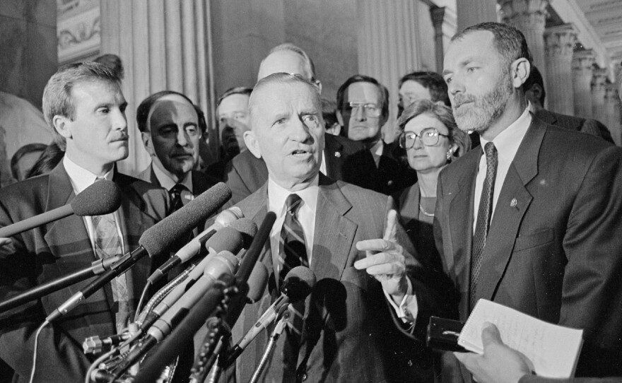 Businessman Ross Perot — in the spring after the 1992 election — speaking at a press conference in the U.S. Capitol.