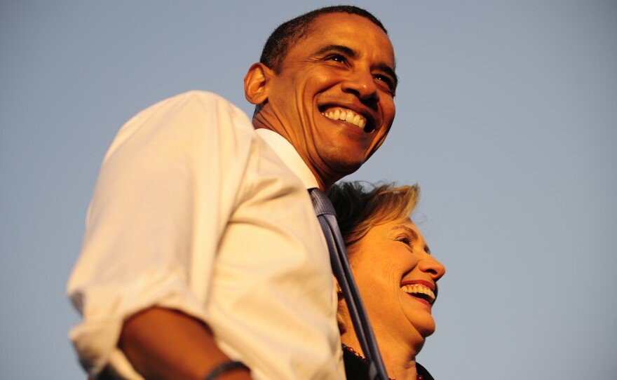 Barack Obama and Hillary Clinton address supporters at a Florida rally in October 2008.