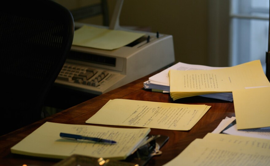 Elmore Leonard's writing desk at his home in Bloomfield Village, just outside Detroit. He wrote each page of his books by hand on canary yellow paper.