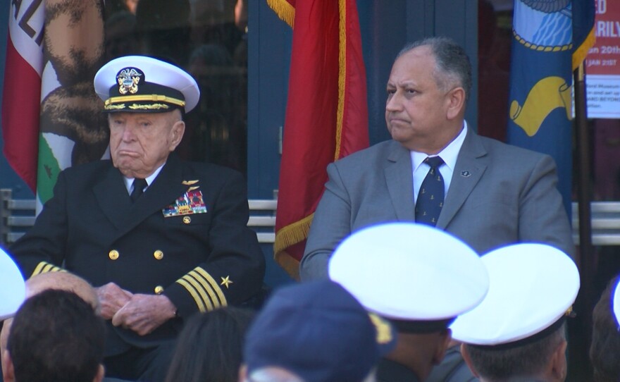 Secretary of the Navy Carlos Del Toro is shown next to Capt. Royce Williams (USN, Ret.) in front of the Air & Space Museum on January 20, 2023.