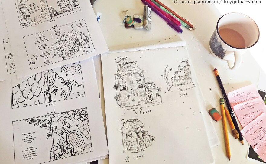 Illustrator Susie Ghahremani began the process of working on her new book, "She Wanted to be Haunted" by making character sketches and making storyboard-style thumbnails of each page.