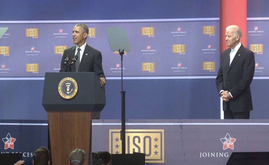President Obama and Vice President Biden address the crowd at an event celebrating 75 years of the USO.