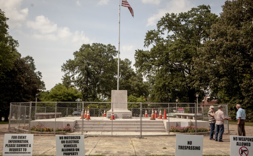 A fenced-off pedestal at Health Sciences Park in Memphis is all that is left of a statue of Nathan Bedford Forrest, which is in a secret location pending a court case.