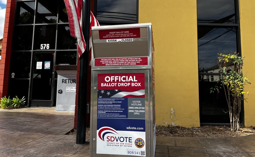 A ballot drop box is seen outside of the Fletcher Hills Library in El Cajon, Calif. Dec. 21, 2023.