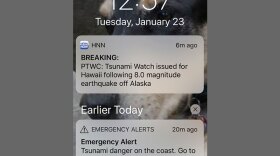This screenshot shows alerts for a tsunami watch early Tuesday, Jan. 23, 2018, after an earthquake struck off Alaska's Kodiak Island prompting a tsunami warning for a large swath of the state's coast. 