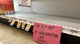 Sign reading "we are out of hand sanitizer and alcohol", March 29, 2020.