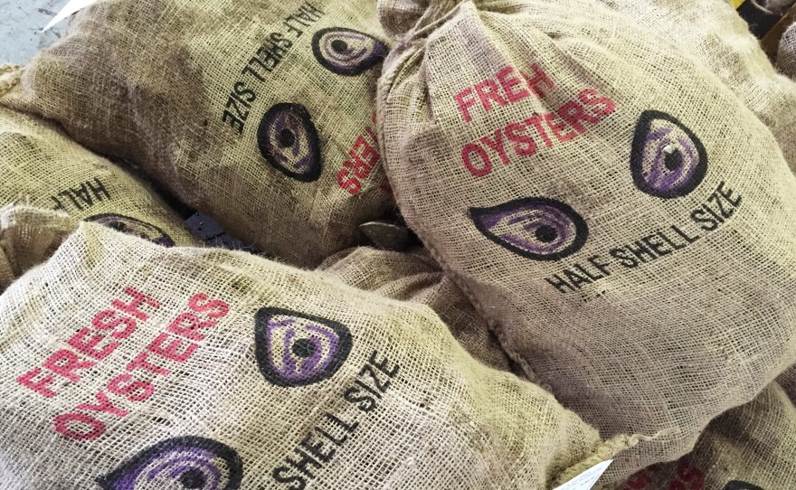 Oysters await shipment in the P+J Oyster Company's chill room.