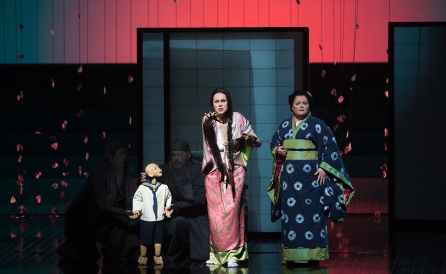 Cio-Cio-San's child (Blind Summit Theatre), Kristine Opolais as Cio-Cio-San and Maria Zifchak as Suzuki in Puccini's "Madama Butterfly."