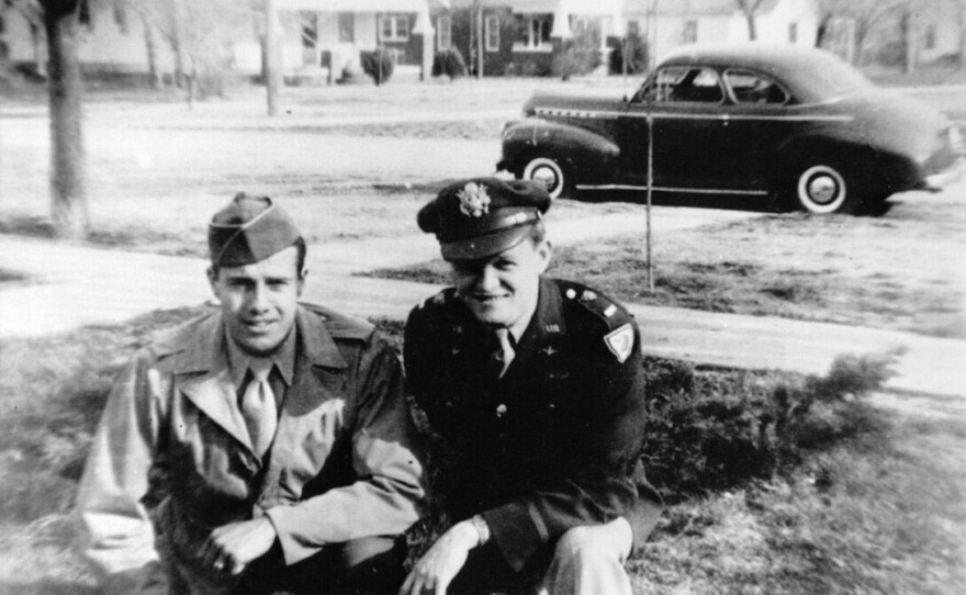 Former Sen. Bob Dole, left, with his childhood friend, Bub Dawson, in 1944. Dole received an honorary promotion at the World War II Memorial in Washington, D.C., May 16, 2019. Dole, who was medically discharged as a captain after being severely wounded in WWII, was promoted to colonel.