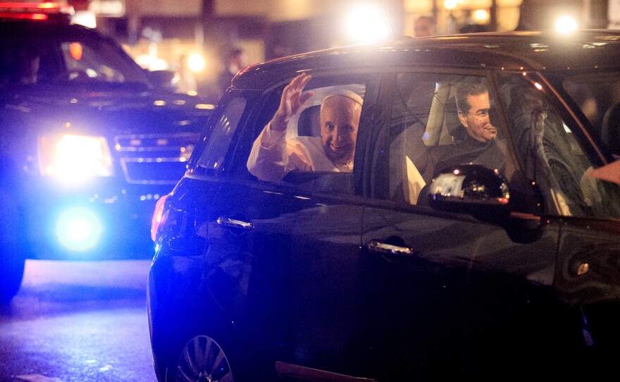 Pope Francis leaves St. Patrick's Cathedral in a Fiat 500L in New York City on Thursday.