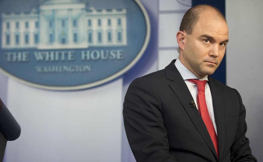 Rhodes attends an interview with CNN in the Brady Press Briefing Room of the White House on April 7, 2015.
