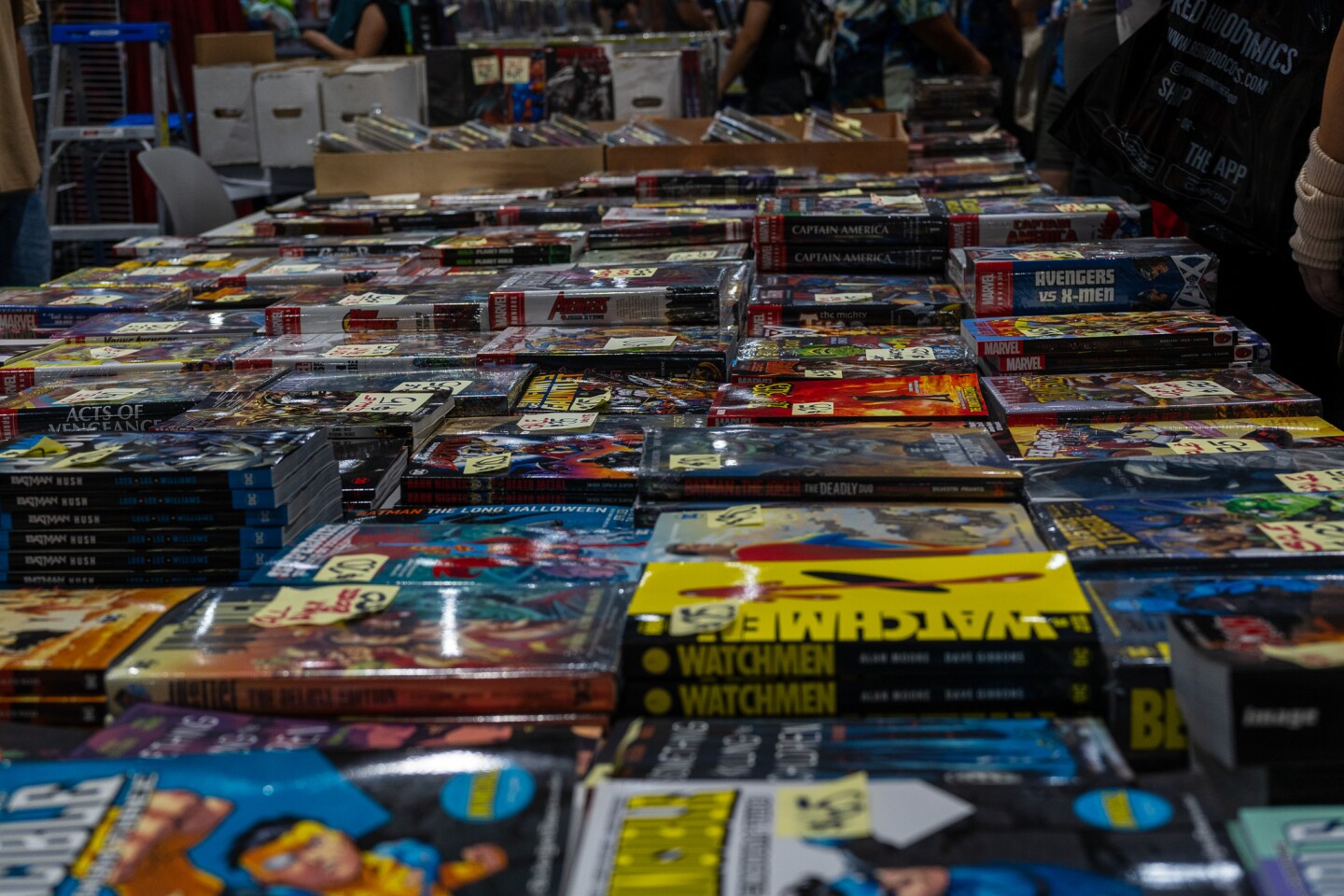 Stacks of comics for sale at San Diego Comic-Con July 27, 2024. A big part of the convention is buying comics from small independent sellers like this one.