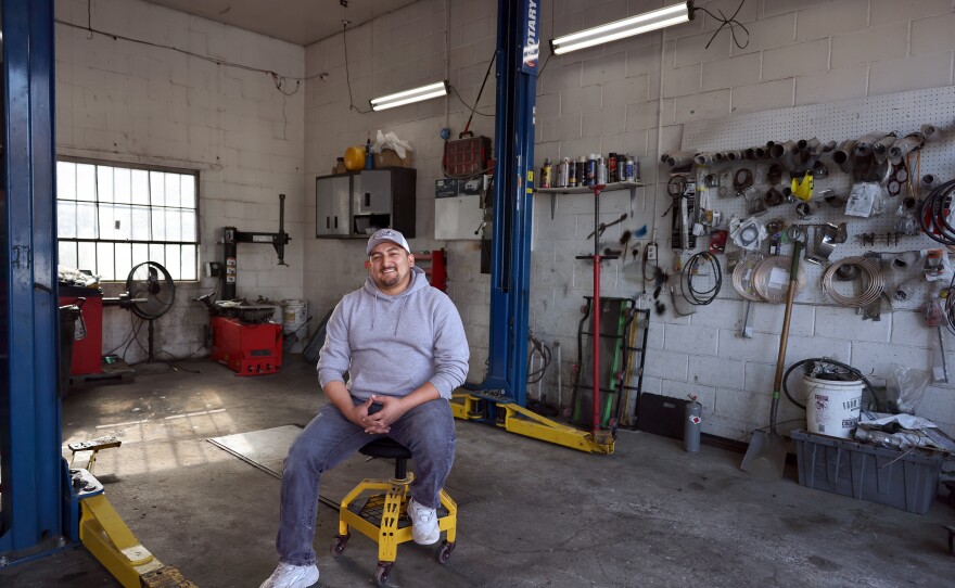 Jeffery Fuentes, owner of Quality Auto & Body, in Perry, Iowa, on Nov. 8, 2023.