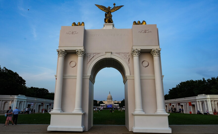 A mockup of the arch, seen during the Great American State Fair on D.C.'s National Mall in July. It is awaiting final approval from a federal planning commission.