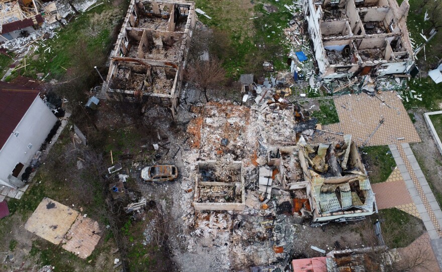 <strong>April 20:</strong> An aerial view shows the devastation in a residential area in the village of Moshchun, northwest of Kyiv. The United Nations reports more than 5 million Ukrainians have now fled their country following the Russian invasion.