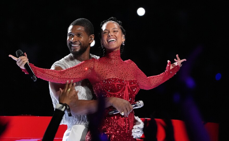 Usher and Alicia Keys perform "My Boo" during Super Bowl LVIII.