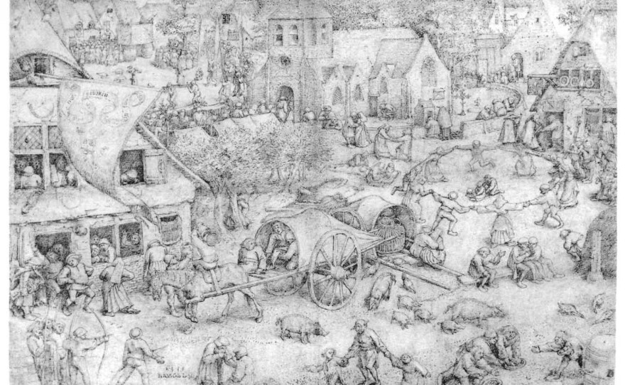 As Europe's forests were felled to grow crops, pigs took up residence in towns, as in this 1559 sketch "Fair at Hoboken" by Breugel the Elder. The pig's scavenging habits — which included the occasional human corpse — was one factor in a decline in the reputation of pigs and pork in the late Middle Ages.