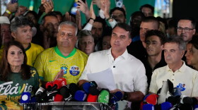 Opposition presidential candidate Sen. Flavio Bolsonaro speaks after the presidential election runoff in Brasilia, Brazil, Oct. 25, 2026.
