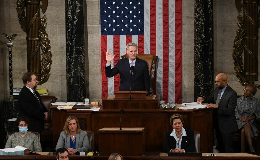 Newly elected Speaker of the U.S. House of Representatives Kevin McCarthy takes the oath of office after he was elected on the 15th ballot.