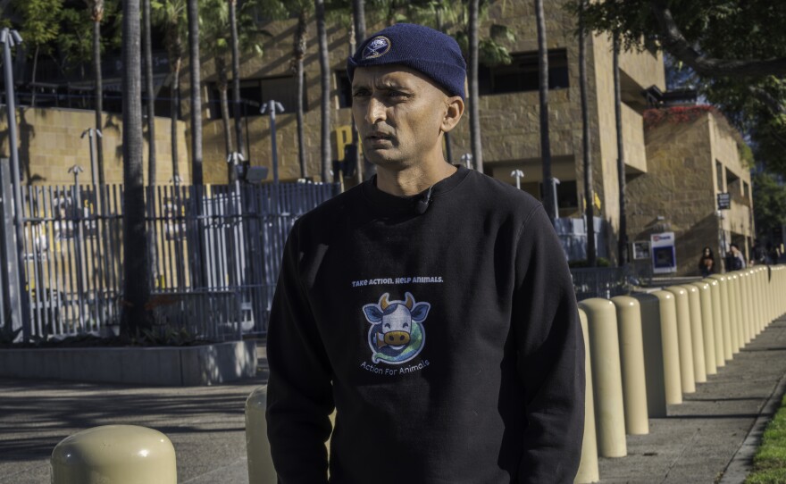 Strategic Action for Animals co-founder Amit Dhuleshia stands outside of Petco Park, Jan. 15. 2026.