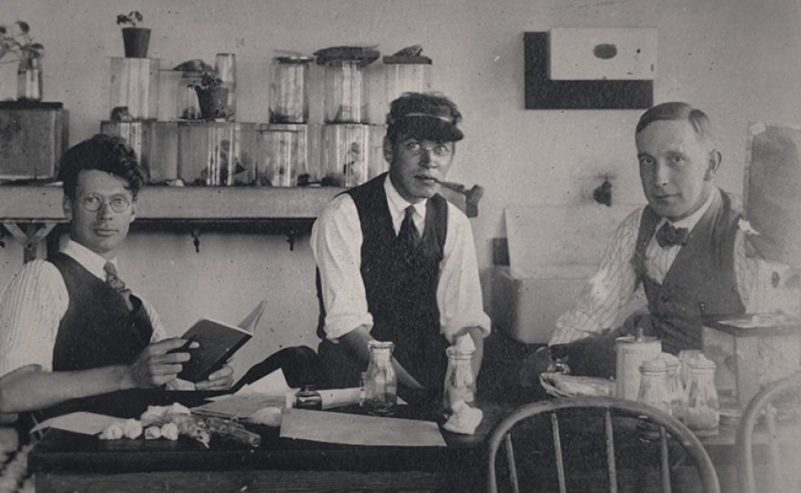 Calvin Bridges, Alfred Sturtevant, and O.L. Mohr worked with Thomas Hunt Morgan on his drosophila experiments at Columbia University. (undated photo)