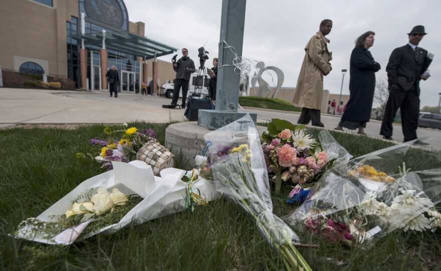 A memorial at the Jewish Community Center in Overland Park, Kan., honors three victims of the area's April 2014 shootings.