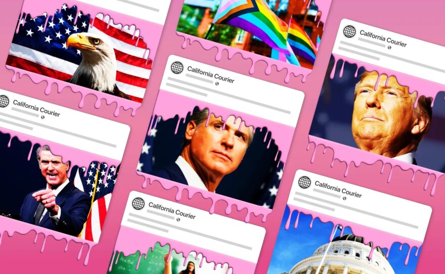 An undated illustration depicting articles of the California Courier in pink slime is shown.