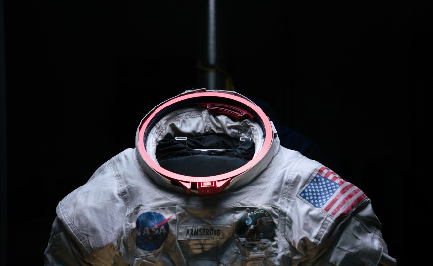 The spacesuit was engineered to help Neil Armstrong easily connect his equipment. The suit's metal fittings are brightly colored so that even in the excitement of the moon landing, Armstrong could attach his helmet, air tubes and gloves.