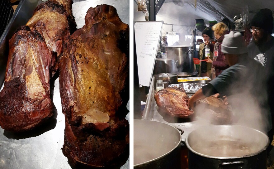 When Navajo chef Brian Yazzie showed up to volunteer at the camp kitchen, he found lots of bison donated by a local tribe. Yazzie (in the foreground at right) used it to cook up a blue hominy and bison soup.