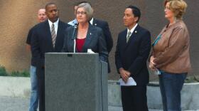 Councilwoman Sherri Lightner responds to Ray Ellis' campaign attacks at a press conference surrounded by her Democratic council colleagues. 