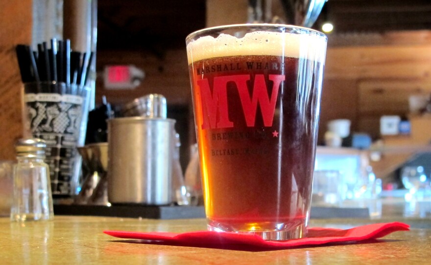 A glass of the seaweed beer created by the Marshall Wharf Brewing Co. in Belfast, Maine.