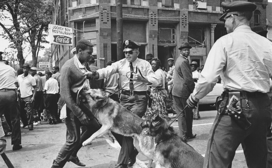 African American high school student Walter Gadsden, 15, an onlooker to the protest, is attacked by a police dog during a civil rights demonstration in Birmingham, Ala., on May 3, 1963.