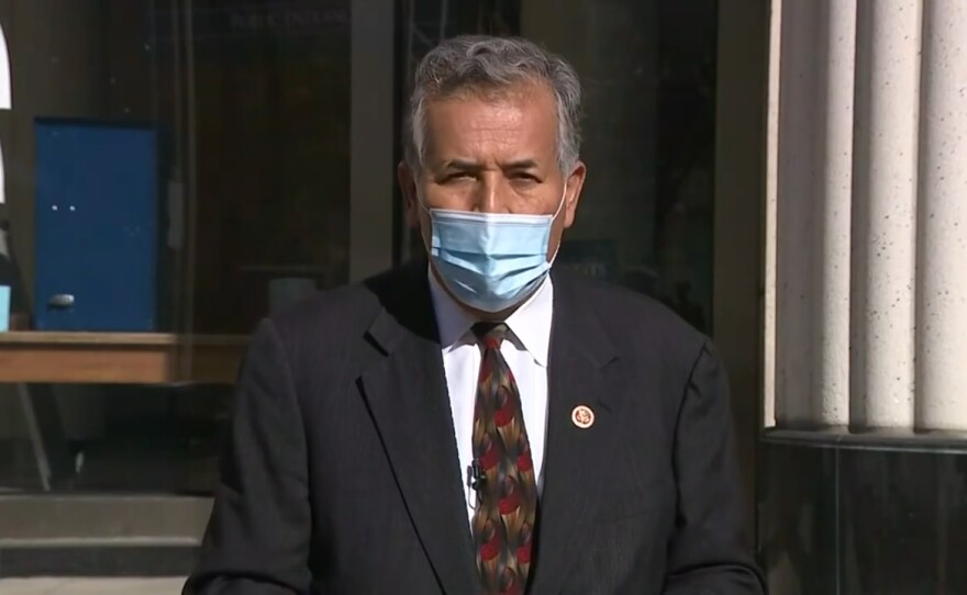 Rep. Juan Vargas (D-CA 51) in front of the Hall of Justice in downtown San Diego on Jan. 9, 2021, calling for the impeachment of President Donald Trump.
