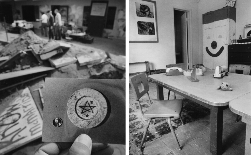 Left: May 27, 1990 — A plate bearing a pentagram that was found at the McMartin Pre-School. Parents said it could be part of a satanic ritual. Right: April 19, 1989 — Room B at the McMartin Pre-School in Manhattan Beach, Calif.