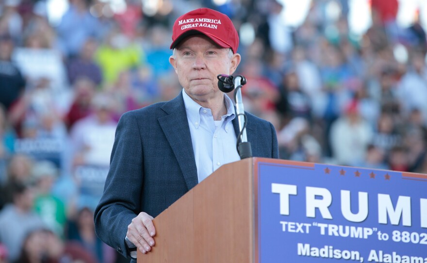 Sen. Jeff Sessions, Donald Trump's nominee for attorney general, endorses Trump for president on Feb. 28, 2016, in Madison, Ala.