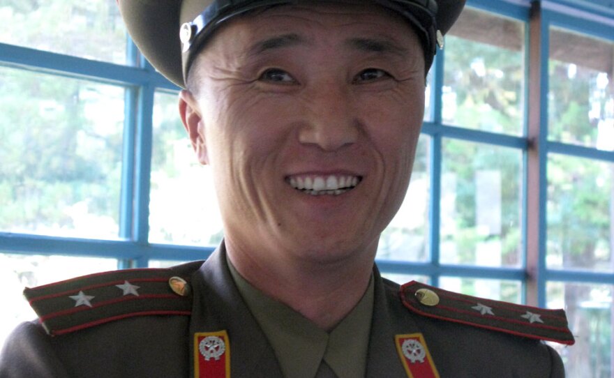Tour guide Lt. Chae (shown here at the DMZ) says North Korea needs its nuclear weapons as a deterrent and will only disarm once the U.S. has gotten rid of its nuclear arsenal.