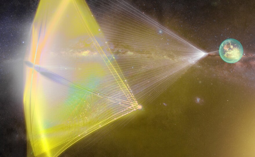 The "starchip" would be about the size of a postage stamp, Yuri Milner says, and the sail would be about a yard across.