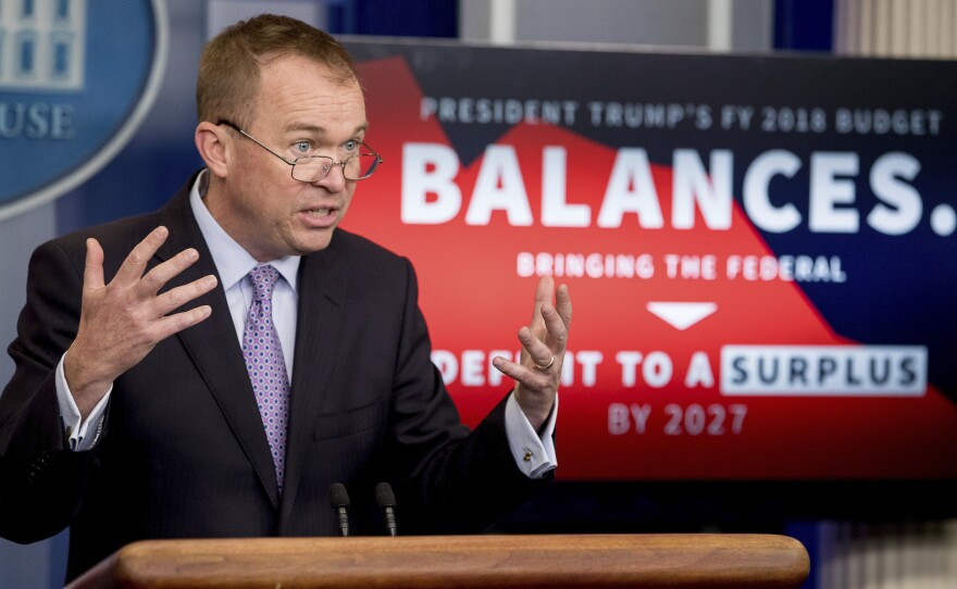 White House Budget Director Mick Mulvaney speaks to the reporters about President Trump's proposed budget on Tuesday.
